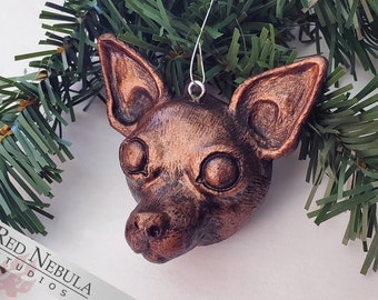 Chihuahua Ornament - Bronze Hand-Painted Resin Cast Puppy Dog Face Christmas Decoration