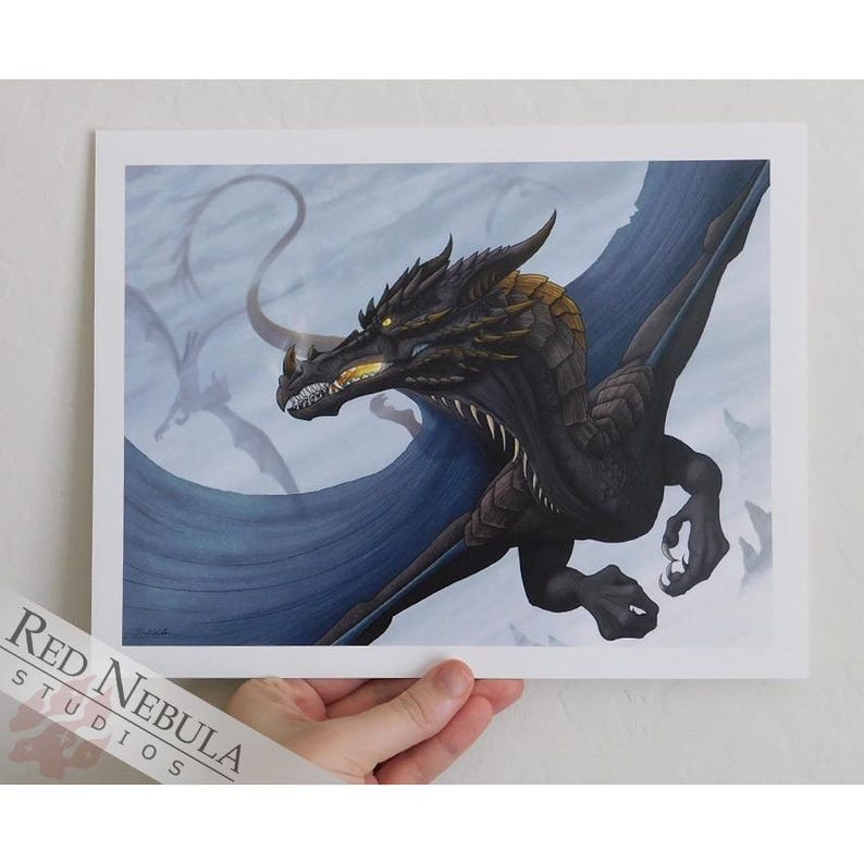 May include: A black dragon with gold accents flies through a cloudy sky. The dragon's wings are spread wide and its claws are extended. The dragon's eyes are glowing yellow.
