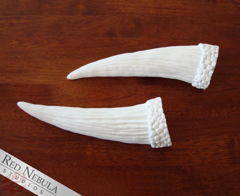 May include: Two white, textured, curved horns with a textured, bumpy base. The horns are on a brown wooden surface.