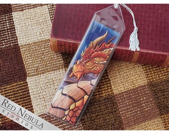 Bronze Dragon Bookmark with Silver Tassel, Fantasy Art Book Mark with Scaly Orange Dragon