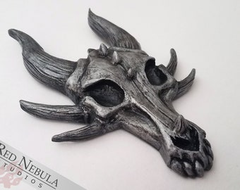 Silver Dragon Skull Wall Plaque, Hand Painted Dragon Wall Art, Fantasy Sculpture