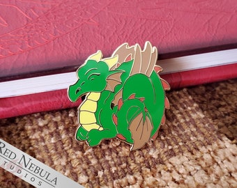 Baby Dragon Enamel Pin - 1.5" Lapel Pin of a Cute Green Dragon Sleeping, Hard Enamel Pin with Gold Plating