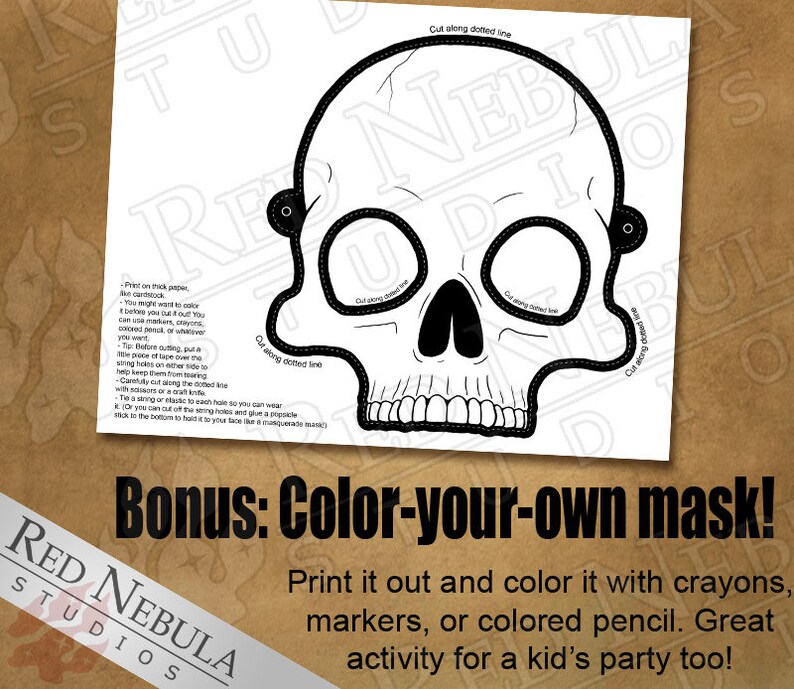 Skull Monster Masks, Instant Download, Printable Horror Masks, Zombie Mask, Paper Mask, Vampire Skull, Cyborg Mask, Mummy, Coloring Mask image 5