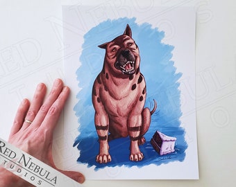 Mabari Hound Cake, Funny Dragon Age Dog Art Print, 8.5 x 11 in