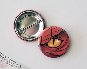 Red Dragon Eye Pinback Button, Magnet, or Keychain, 1.25", Grumpy Dragon Close-Up Pin