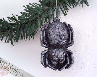 Spider Ornament - Silver Hand-Painted Resin Cast Arachnid Christmas Decoration, Christmas Tree Spider