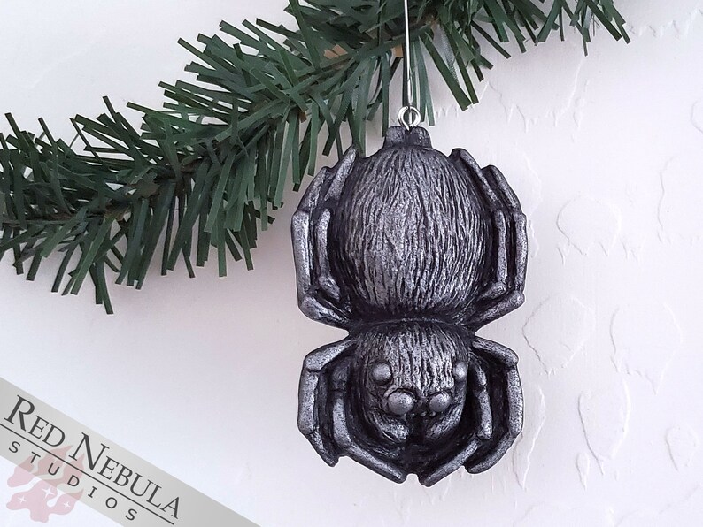 Spider Ornament Silver Hand-Painted Resin Cast Arachnid Christmas Decoration, Christmas Tree Spider image 1