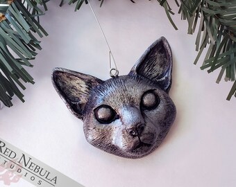 Cat Ornament - Silver Hand-Painted Resin Cast Cat Face Christmas Decoration