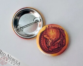 Funny Baby Dragon Pinback Button, Magnet, or Keychain, 1.25", Adorable Fantasy Pin of a Cute Dragon with Teddy Bear on Fire