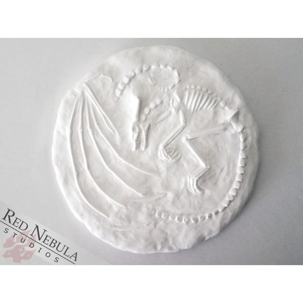 Fossil Dragon Skeleton Plaque Blank - Unpainted Flat Back Resin Cast Wall Art - Fantasy Paleontology, Cryptozoology