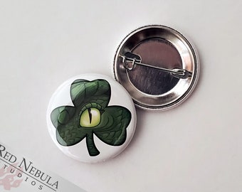 Shamrock Dragon Pinback Button, Magnet, or Keychain, 1.25", Green Dragon Eye, Three Leaf Clover, Lucky Dragon Button, Good Luck