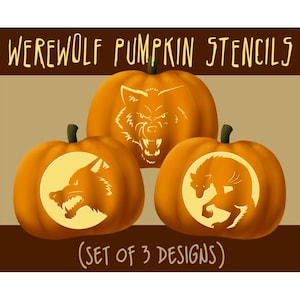 May include: Three orange pumpkins with stencils of werewolf faces. The pumpkins are arranged in a row, with the middle pumpkin slightly higher than the others. The stencils are black and white, and they depict a werewolf's head, a werewolf's face, and a werewolf standing on its hind legs. The text "WEREWOLF PUMPKIN STENCILS (SET OF 3 DESIGNS)" is written above the pumpkins.