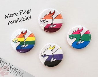 Dragon Pride Buttons, Magnets, or Keychains, 1.25" Dragon Silhouette LGBTQ Flag Pinback Button, LGBTQIA+ Rainbow