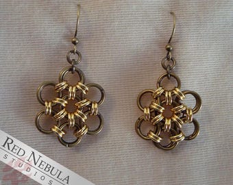 Gold Plated Brass Chainmaille Earrings in Flower Shape, Chainmail Jewelry