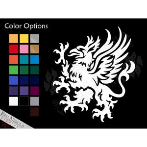 May include: A white silhouette of a griffin, a mythical creature with the head and wings of an eagle and the body of a lion, on a black background. The griffin is facing right and has its wings spread out. The image is a design for a decal or sticker.