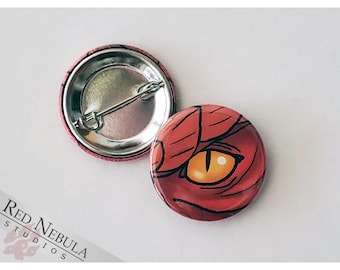 Red Dragon Eye Pinback Button, Magnet, or Keychain, 1.25", Grumpy Dragon Close-Up Pin