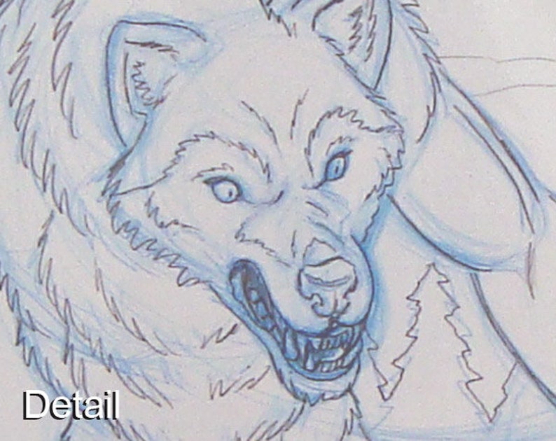 8.5 x 11 Werewolf Hunt Anthro Wolves in the Forest, OOAK Original Horror Pencil Art Drawing image 2