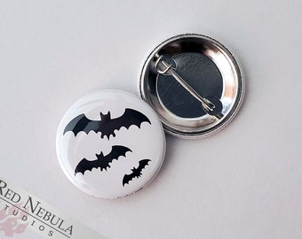 Three Bats Pinback Button, Magnet, or Keychain, 1.25", Creepy Creatures, Flying Bats Pin, Bat Goth Button
