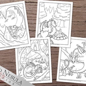 May include: Four black and white coloring pages featuring dragons in different poses. One dragon is in a cave, one is by a campfire, one is in a forest, and one is on a branch.