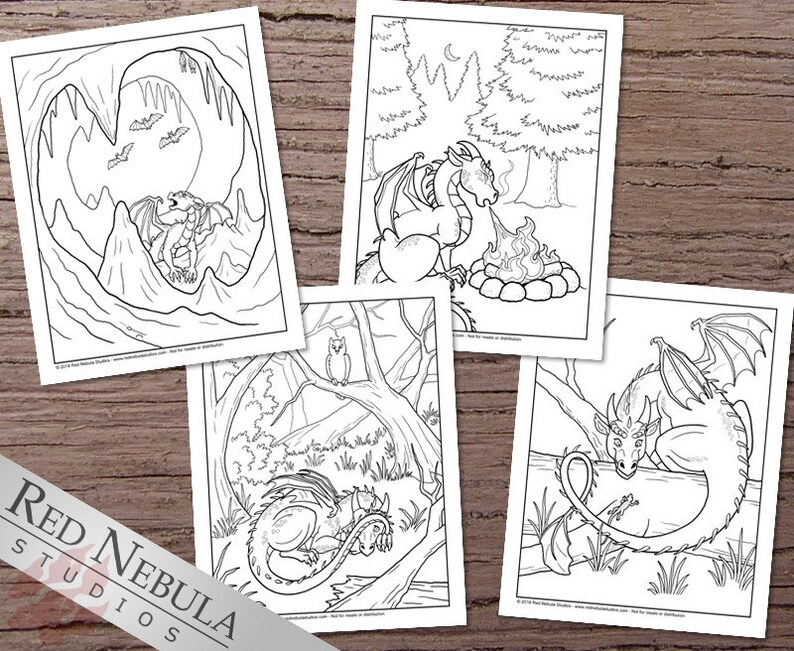 May include: Four black and white coloring pages featuring dragons in different poses. One dragon is in a cave, one is by a campfire, one is in a forest, and one is on a branch.