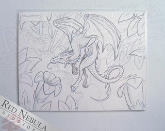 8.5 x 11 Cute Dragon Drawing with Flowers and Leaves, Original Fantasy Sketch, &quot;Flower Drakeling&quot;
