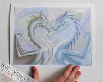 Dragons in Love Art Print, "Two of a Kind", Fantasy Artwork Forming a Heart, 5 x 7 in / 8.5 x 11 in