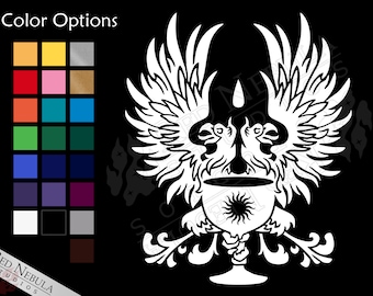 Grey Wardens Vinyl Decal, 5" x 6" Dragon Age Car Decal with Two Griffons and Chalice - Multiple Color Options