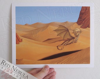 Desert Dragon Fantasy Art Print, Golden Sand Dunes, Dragon Artwork, Desert Landscape, 8.5 x 11 in