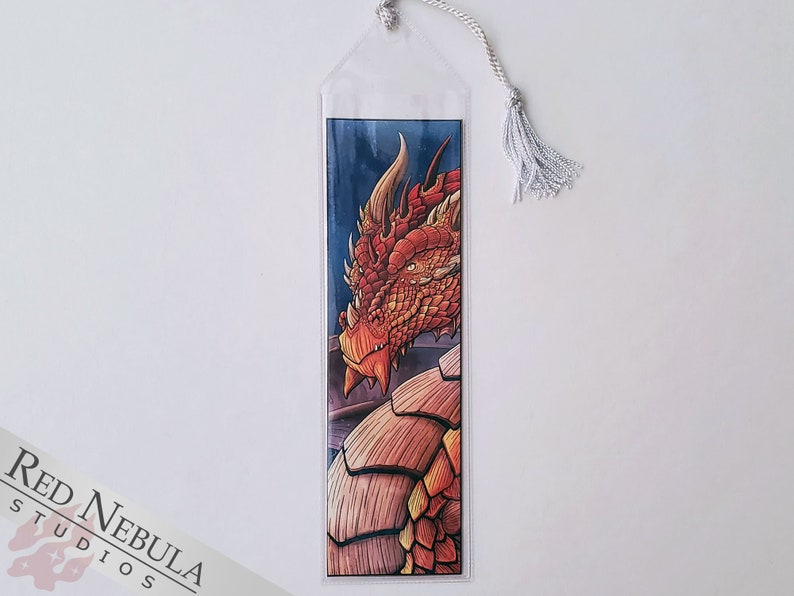 Bronze Dragon Bookmark with Silver Tassel, Fantasy Art Book Mark with Scaly Orange Dragon 画像 4