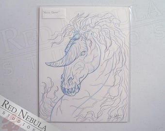 8.5 x 11 Dark Unicorn Drawing, Original Fantasy Sketch, &quot;The Demon Horse&quot;