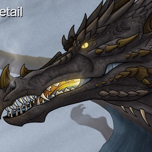 May include: Close-up of a black dragon's head with sharp teeth and glowing yellow eyes. The dragon has brown scales and spikes along its back.