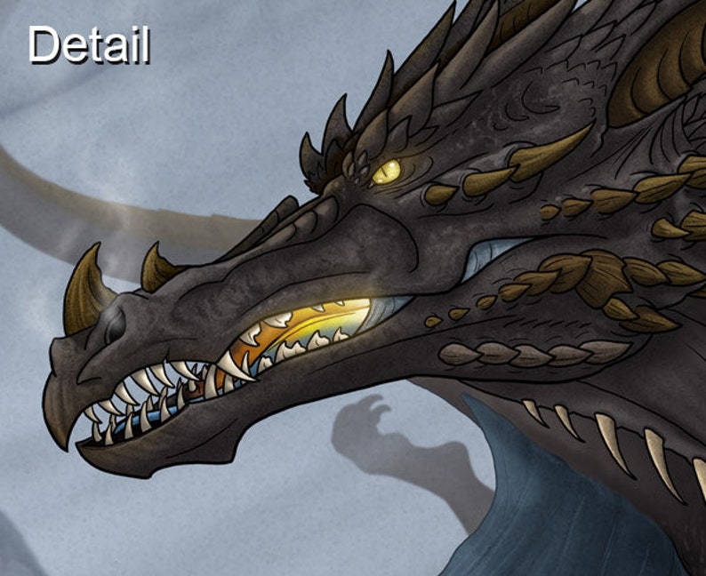 May include: Close-up of a black dragon's head with sharp teeth and glowing yellow eyes. The dragon has brown scales and spikes along its back.
