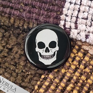 Human Skull Pinback Button, Magnet, or Keychain, 1.25, Macabre Grinning Skeleton Face, Non-Candy Treats / Teal Pumpkin Trick-or-Treat image 2