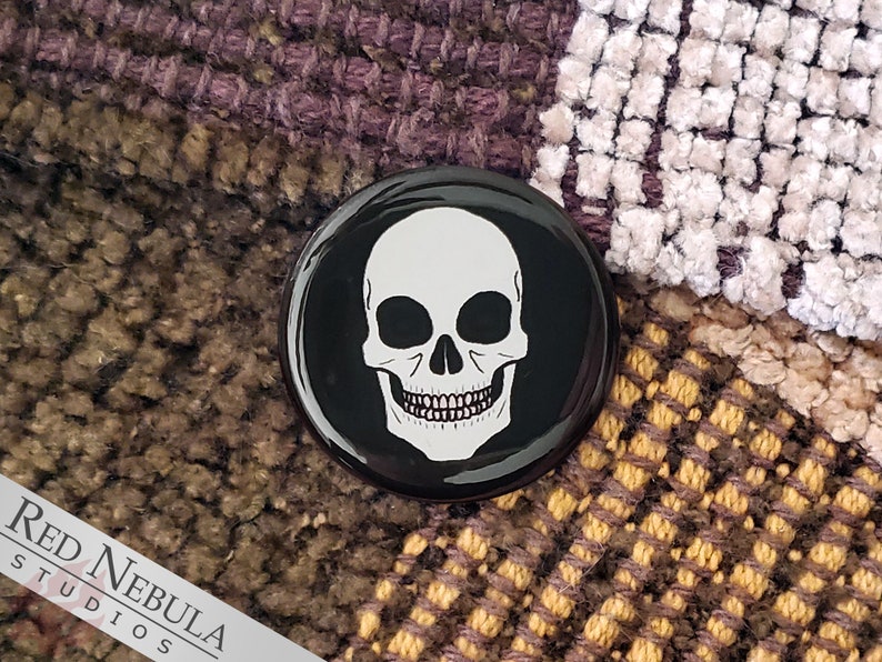 Human Skull Pinback Button, Magnet, or Keychain, 1.25, Macabre Grinning Skeleton Face, Non-Candy Treats / Teal Pumpkin Trick-or-Treat image 2