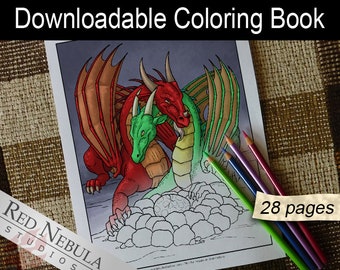 Digital Download Dragon Coloring Book, 28 Printable Coloring Pages, Shella the Dragon Color Pages for Older Kids and Adults