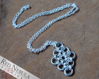 Silver Plated Brass Chainmaille Necklace with Diamond Shaped Pendant, 18 in Chain with Extender