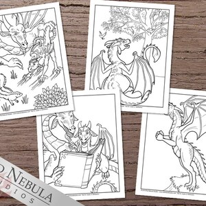 May include: Four black and white coloring pages featuring dragons in various poses. One dragon is reading a book, another is sitting under a tree, another is standing with its wings spread, and the last one is looking at a squirrel.