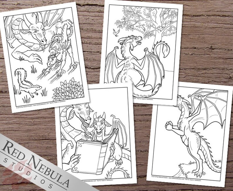 May include: Four black and white coloring pages featuring dragons in various poses. One dragon is reading a book, another is sitting under a tree, another is standing with its wings spread, and the last one is looking at a squirrel.