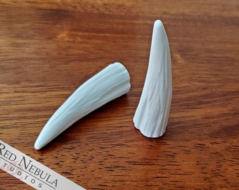 2.25" Thin Horns (Pair), Solid Cast White Resin, Pointed Long Horns with Ridged Texture, Goat Horns, Demon Horns