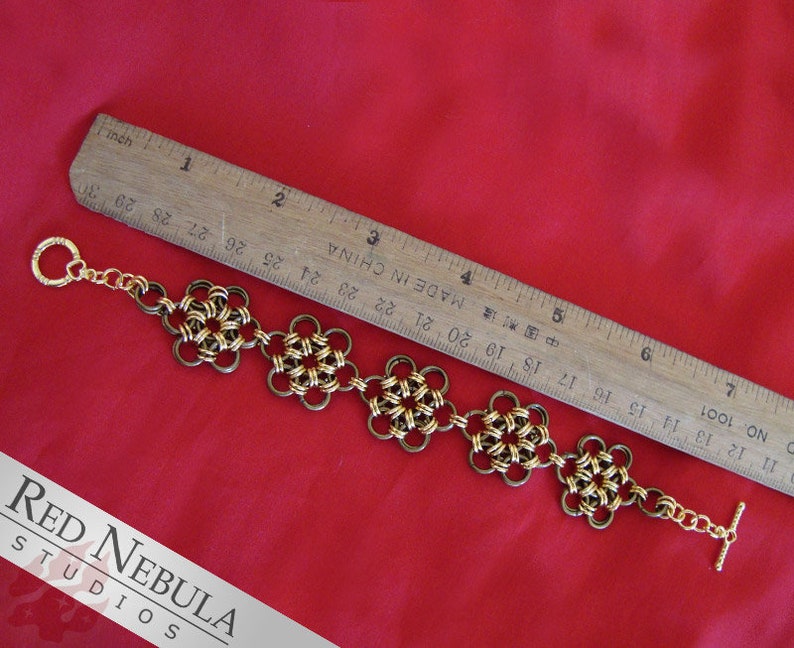 Gold Plated Brass Chainmaille Bracelet with Flower Design and Subtle Heart Motif on the Clasp, Chainmail Jewelry image 4