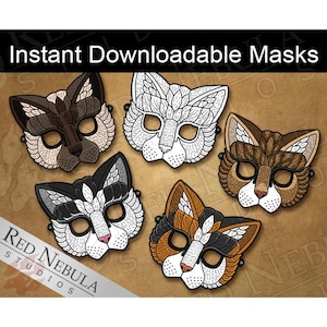 Printable Cat Masks, Kitty Paper Party Mask, Children&#39;s Coloring Mask, Instant Digital Download, Calico, Tabby, Tuxedo, Siamese, Feline Mask
