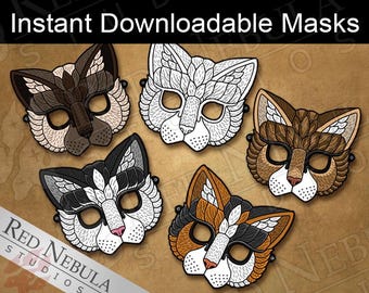 Printable Cat Masks, Kitty Paper Party Mask, Children&#39;s Coloring Mask, Instant Digital Download, Calico, Tabby, Tuxedo, Siamese, Feline Mask