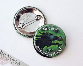 Black Dragon Pinback Button, Magnet, or Keychain, 1.25", Creepy Monster, Not Evil Just Misunderstood