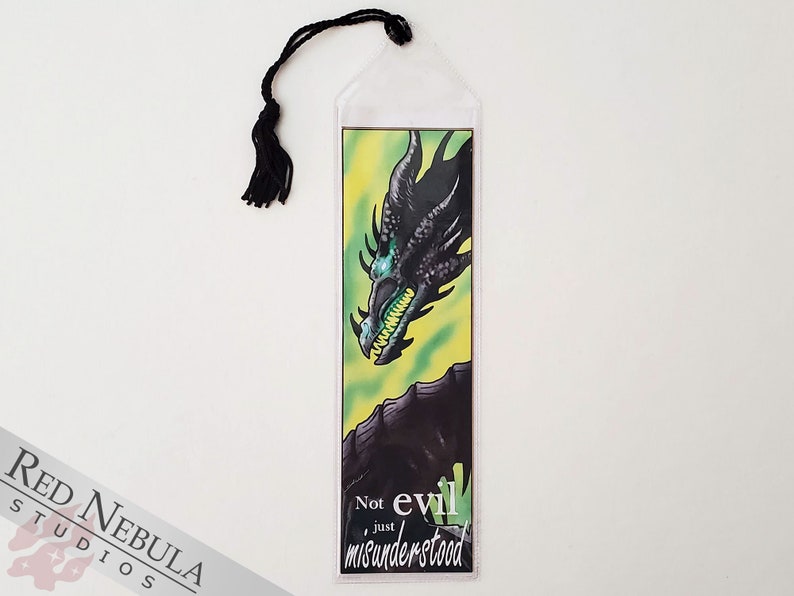 Dark Dragon Bookmark Not Evil, Just Misunderstood Green Background with Black Dragon and a Black Tassel, Fantasy Art Book Mark image 4