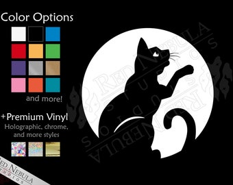 Cat Moon Silhouette Vinyl Decal, Pet Lover Kitty Cat Sticker for Outdoors, Laptops, or Car Windows - Multiple Color and Holographic Options