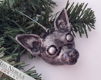 Chihuahua Ornament - Silver Hand-Painted Resin Cast Puppy Dog Face Christmas Decoration