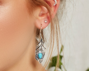 Sterling Silver Turquoise Peacock Feather Earrings: Southwest Style