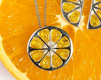 Lemon Slice Fruit Necklace in 925 Sterling Silver & Ambre, Orange Lime Pendant, Tropical Fruit Jewelry, Summer Holiday Jewelry, Citrus Fruit