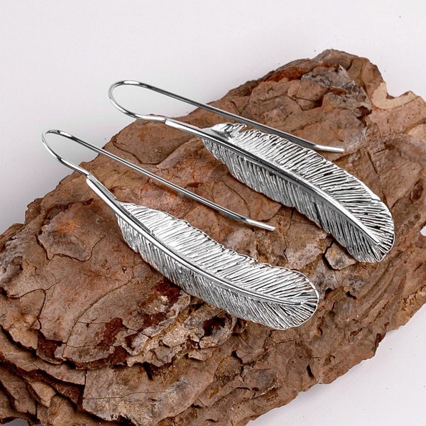 Solid 925 Sterling Silver Feather Drop Earrings, Sterling Silver Feather Earrings, Statement Silver Earrings, Boho Jewelry, 24ct Gold Plate