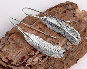 Solid 925 Sterling Silver Feather Drop Earrings, Sterling Silver Feather Earrings, Statement Silver Earrings, Boho Jewelry, 24ct Gold Plate